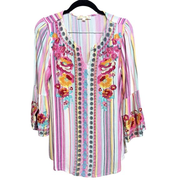 Andree Boho Floral Heavily Embroidered Tunic Top Size S Striped Bell Sleeve - Picture 2 of 9